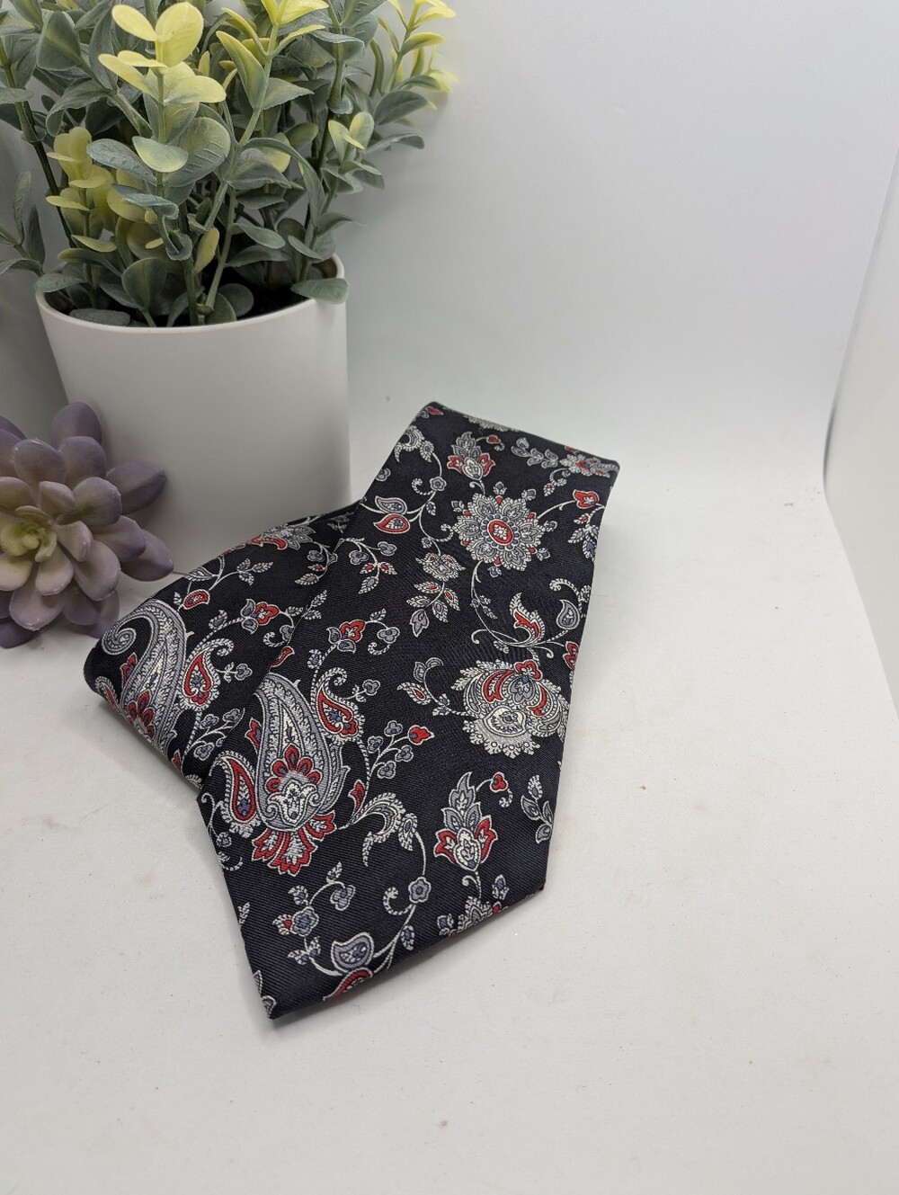 Christian Dior Black Paisley Tie with Red & Silver Paisley Motifs